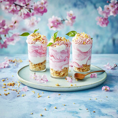 Swirled pink dessert trifles with crunchy base, garnished with leaves