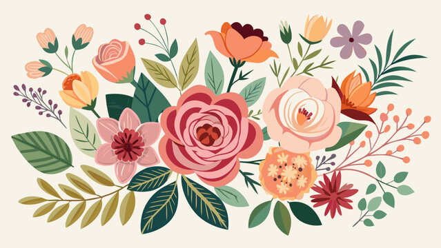 Vector art of an enchanting display of blooming flowers and foliage