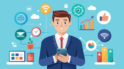 Vector art of man using phone with digital marketing and analytics icons