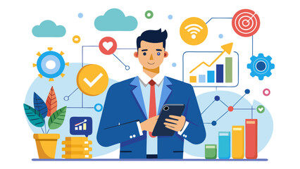 Vector art of a man with a smartphone is surrounded by business and technology icons