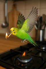 Flaming Flight: Budgie Over the Stove