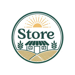Vintage inspired circular store logo with sunrise, leaves and rural shop illustration