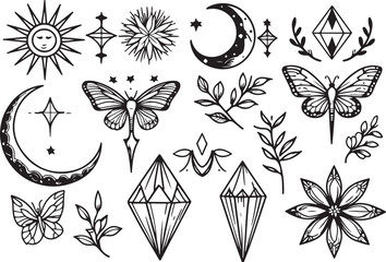 Boho Crystal & Floral Line Icons Set