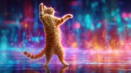 This energetic ginger cat standing upright and dancing joyfully is illuminated by striking neon holograms with a dazzling cyberpunkinspired backdrop that showcases vivid colors and