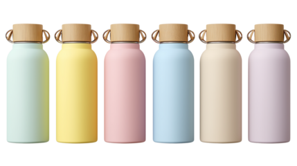 Top view of pastel-colored reusable water bottles with bamboo lids, eco-friendly hydration concept, isolated on white background, high-resolution PNG