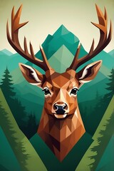Geometric deer head abstract, rich brown and forest green tones, mountain gradient backdrop, symmetrical framing for poster print