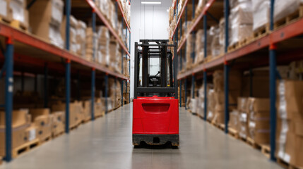 red forklift is positioned between tall shelves filled with boxes in a spacious warehouse aisle.