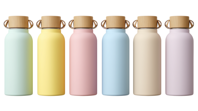 Top view of pastel-colored reusable water bottles with bamboo lids, eco-friendly hydration concept, isolated on white background, high-resolution PNG
