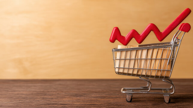  miniature shopping cart holds a red upward-trending arrow, symbolizing growth and increasing sales or market trends on a wooden surface with a beige background.