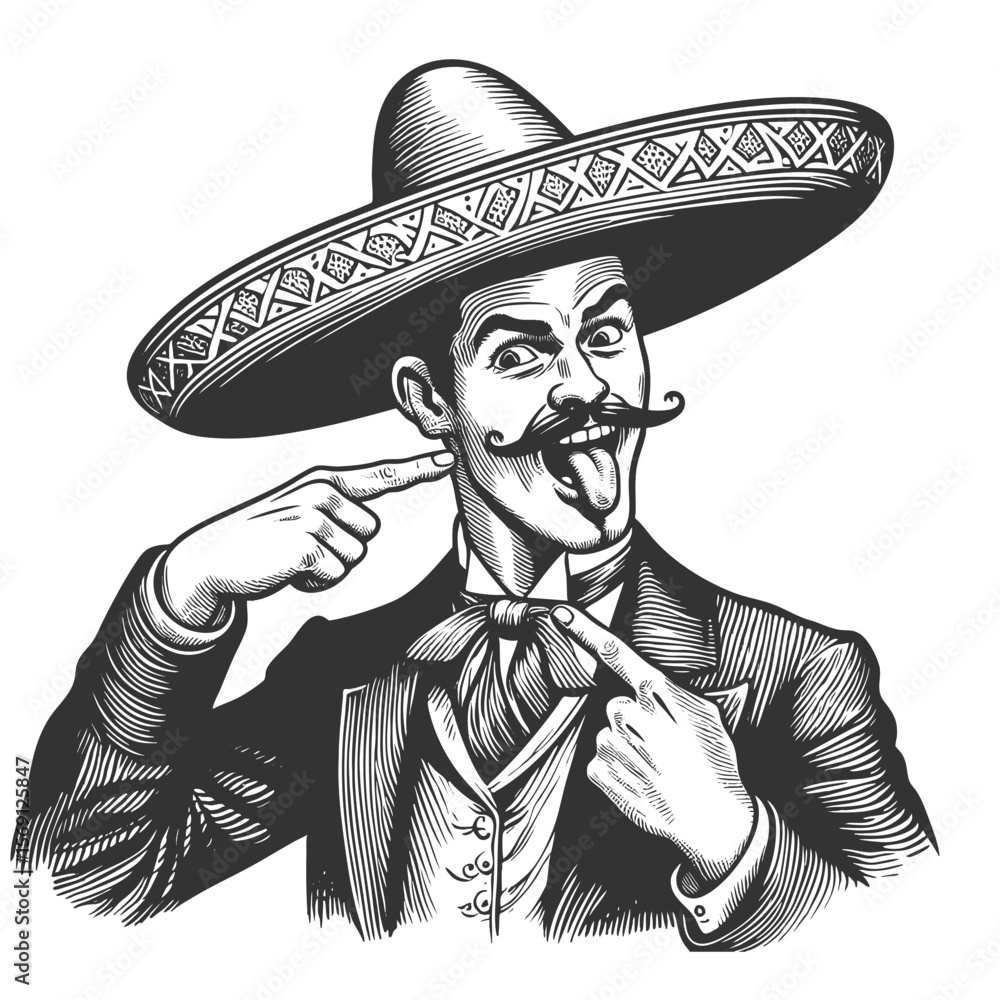 Poster man in a large sombrero, dramatically pointing at his curled mustache with intensity sketch engravin