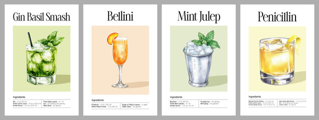 Set of watercolor cocktail illustrations including Gin Basil Smash, Bellini, Mint Julep and Penicillin with garnish and ingredients. Watercolor illustration isolated on white background.