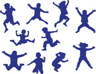 Kids Silhouette Set – Blue Line Jumping Children Vector Art,kids, silhouette, jumping, children, blue, activity, play, happy, group, vector