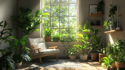 A cozy indoor space filled with lush green plants and natural light.