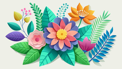 Vector art of a whimsical paper flower arrangement with diverse colors and textures isolated on white background
