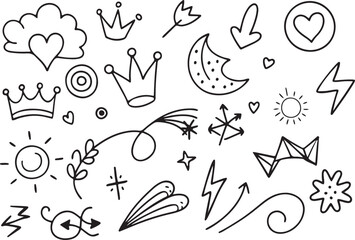 Doodle Crown Icon Set – Black and White Princess, King Tiara Sketch, Royalty Line Art, Hand-Drawn Design