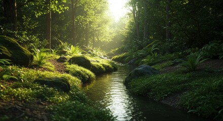 Obraz premium Sunlit Stream in Lush Green Rainforest