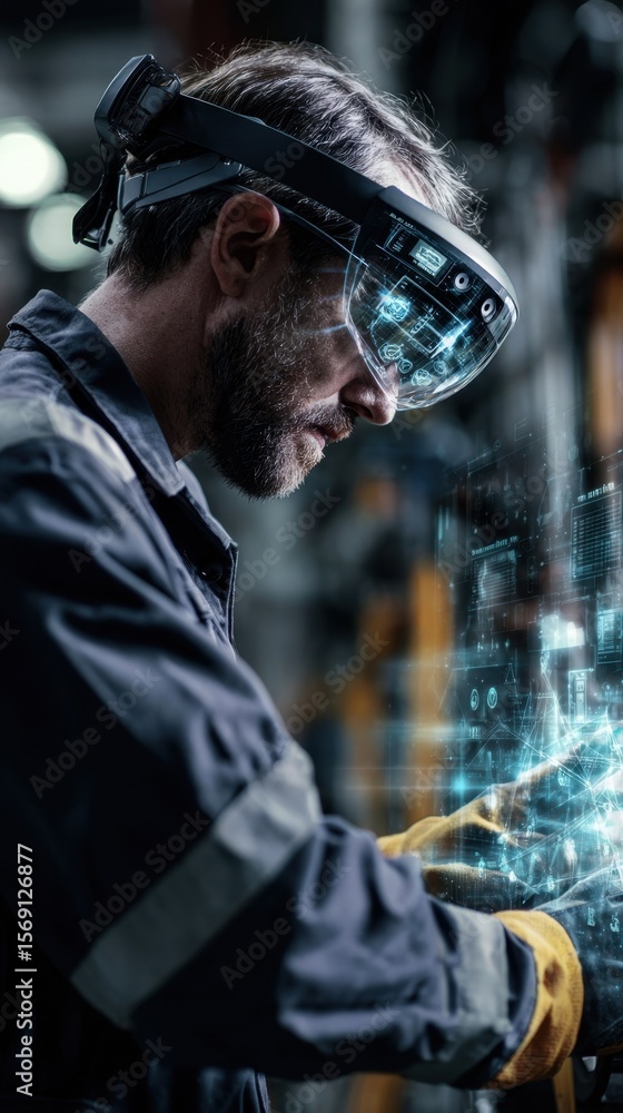 Poster closeup of an industrial technician actively engaging with augmented reality software projected onto