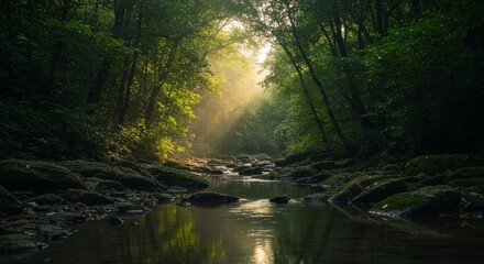 Fototapeta premium Sunlit Stream in Lush Green Forest