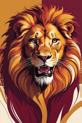 Obraz premium Elegant abstract vector art of a lion in flowing golden and deep maroon hues, minimalist desert background, wide-angle composition for wall poster