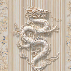 A white dragon is on a wall with a blue and white background