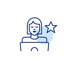 Woman working at laptop and star. Premium user access, featured employee. Award-winning work. Pixel perfect, editable stroke vector icon