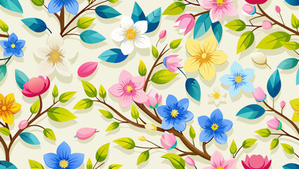 Vector art of a charming floral pattern with pink, blue, and white blossoms