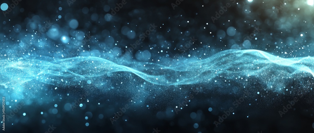 Poster swirling mist and shimmering particles create an ethereal atmosphere in a darkened space