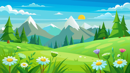 Obraz premium Vector art of majestic mountains rise above rolling green hills under a sunny sky
