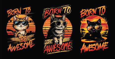 Cool cats wearing sunglasses with retro sunset and palm trees