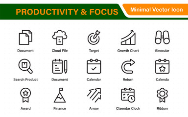 Productivity  icon collection. Set line icons with editable stroke. Business planning, success, goal achievement. Charts, communication, chat, speedometer