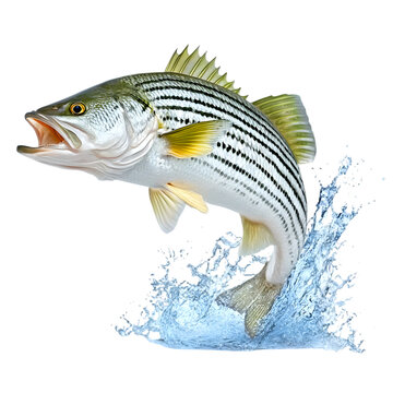 Striped bass gracefully leaps from the water, showcasing its vibrant colors and dynamic movement against a dark backdrop, transparent background. Ai Generated Images