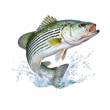 A beautifully rendered striped bass leaps from the water, captured with dynamic splash effect against a stark transparent background . Ai Generated Images
