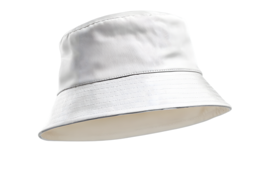 A stylish white bucket hat is isolated against a black backdrop, perfect for fashion and accessory design mockups, transparent background. Ai Generated Images