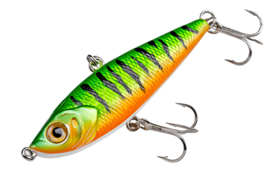 Vibrant fishing lure with green, orange, and black stripes, featuring sharp treble hooks and realistic fish eye details against a transparent background . Ai Generated Images
