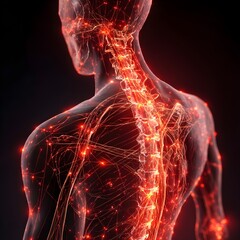 Human body with glowing red pain points on neural pathways illustrating pain or nerve stimulation