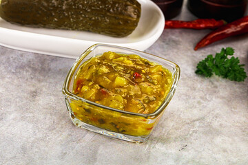 Souce gherkin relish with marinated cucumbers