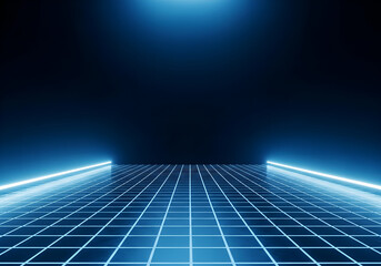 Futuristic Grid Floor with Blue Neon Light
