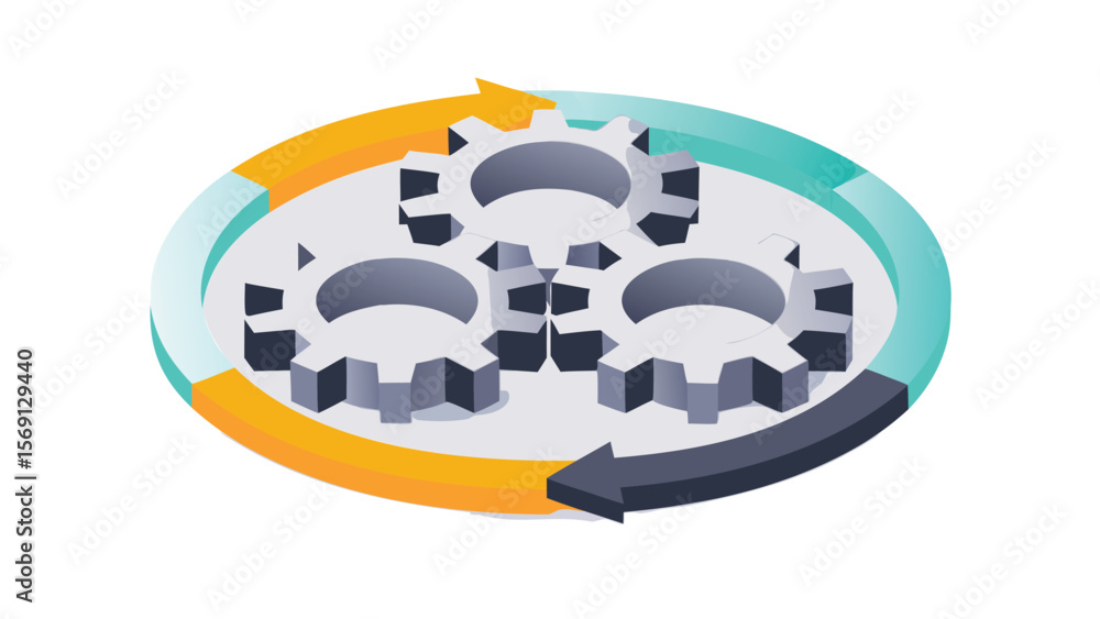 Aufkleber circular process diagram with gears and arrows indicating workflow and collaboration concept design