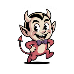 Fototapeta premium Cheerful Devil cartoon character with horns and a bowtie running playfully
