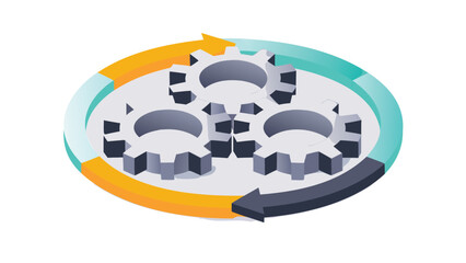 Circular process diagram with gears and arrows indicating workflow and collaboration concept design