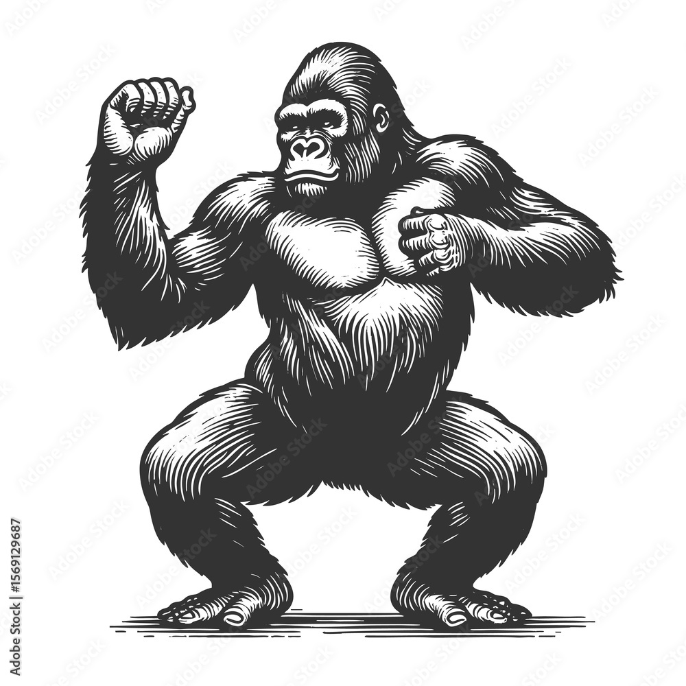 Poster gorilla dancing sketch engraving generative ai fictional character raster illustration. scratch boar