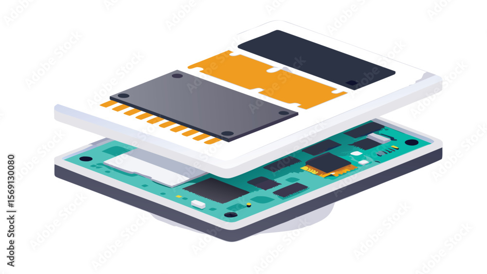 Aufkleber isometric view of an exploded electronic device with visible circuit board components and layers
