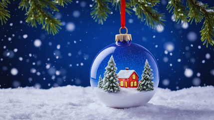 Peaceful winter scene featuring delicate snow falling over a shiny Christmas bauble placed in a snowy landscape. Surrounded by pine branches, soft snowdrifts, and a serene blue-white background