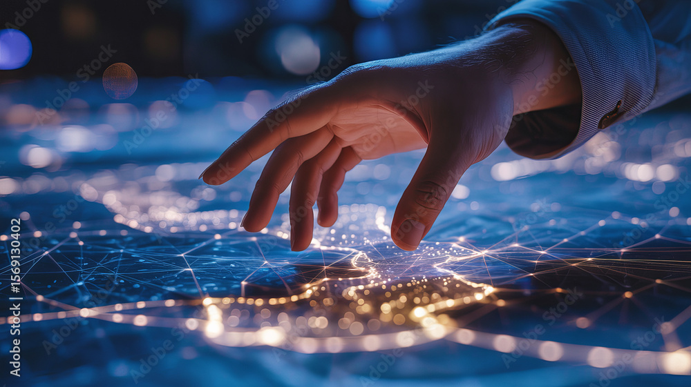 Poster digital blueprint: a hand interacts with an illuminated map, illustrating the intersection of techno