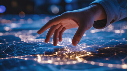 Digital Blueprint: A hand interacts with an illuminated map, illustrating the intersection of technology, global connectivity, and strategic planning in a futuristic and data-driven world.