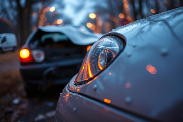 Car crash, bokeh effect. No one hurt. Focus on blurred vehicles.
