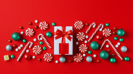 Vibrant Christmas-themed scene featuring wrapped gift boxes and festive candies such as candy canes and peppermint swirls, arranged over a bold red background with dynamic 3D shapes.