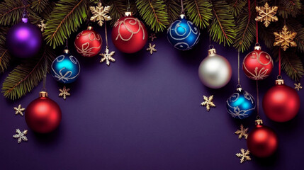 Festive Christmas background decorated with colorful Christmas bulbs, ornaments, and seasonal accessories such as pine cones, candy canes, stars, snowflakes, and evergreen branches. 