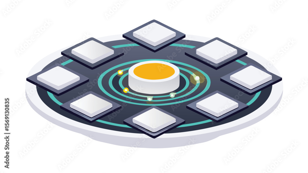 Poster isometric platform with central cylinder and surrounding squares in a circular arrangement