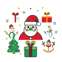 A cheerful Santa Claus with a Christmas tree and various gift boxes in a snowy winter wonderland, perfect for holiday celebrations